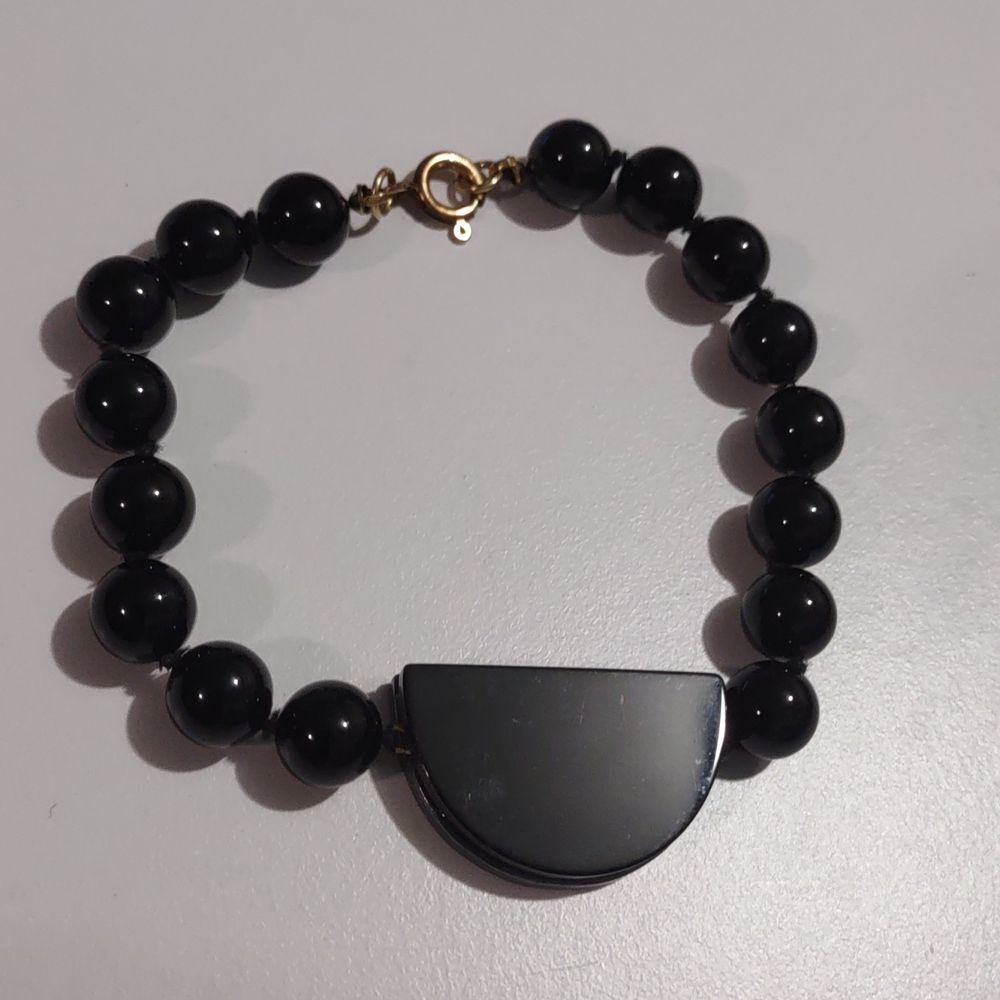 Women's Black Beaded Bracelet with Two Tone Black Pendant
